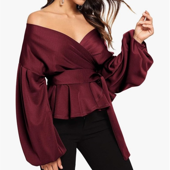 White Long Sleeve Bishop Sleeve Tie Waist Wrap Top/Blouse - Picture 9 of 11